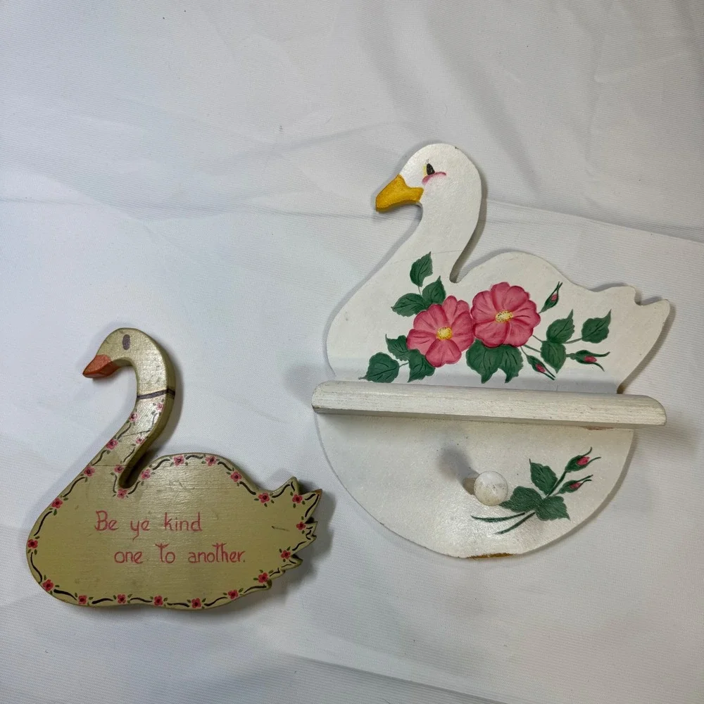 Vintage Cottagecore Country Goose Swan Wall Decor Set‎ Wood Shelf Sitter Farm